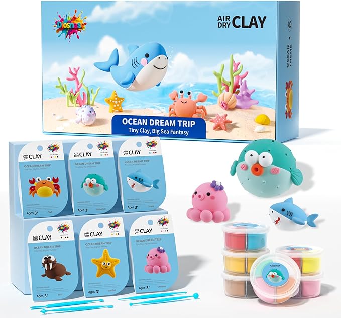 Air Dry Clay for Kids - 6 Ocean Themed Modeling Clay Kit, Model Magic Clay with Sculpting Tools and Tutorials, Ultra Light & Soft, Non-Toxic & Safe, DIY Arts and Crafts School Projects for Kids