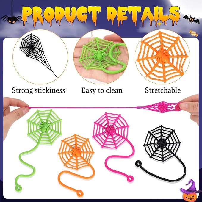 24 PCS Sticky Spider Web for Kids, 7.6 Inches Cobweb Sticky Hand Toys, Halloween Spider Party Favors for Goodie Bag Stuffers, Birthday, Classroom Prizes Supplies (4 Colors)
