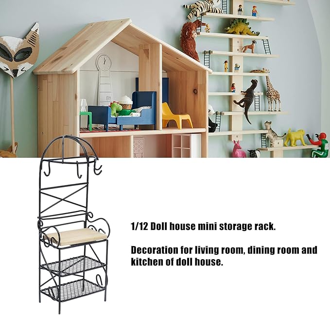 1:12 Miniature Storage Display, Miniature Furniture Wooden Storage Rack Mini Doll Bread Rack Dollhouse Kitchen Furniture Accessories (Black)