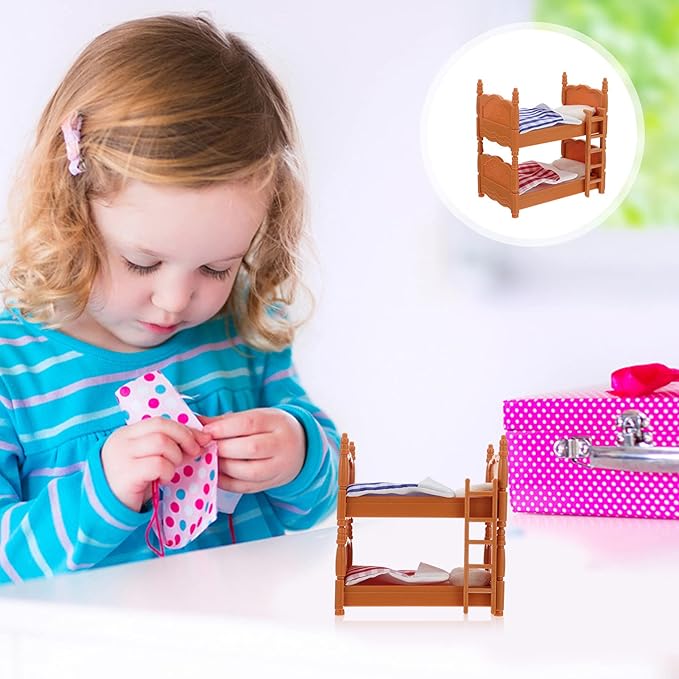 Veemoon 2 Packs Dollhouse Bed Miniature Furniture Bunk Mini Dollhouse Bedroom Accessories Calico Bed Ornaments DIY Doll House Room Decor Set 1: 12 Scale House Furniture, PVC