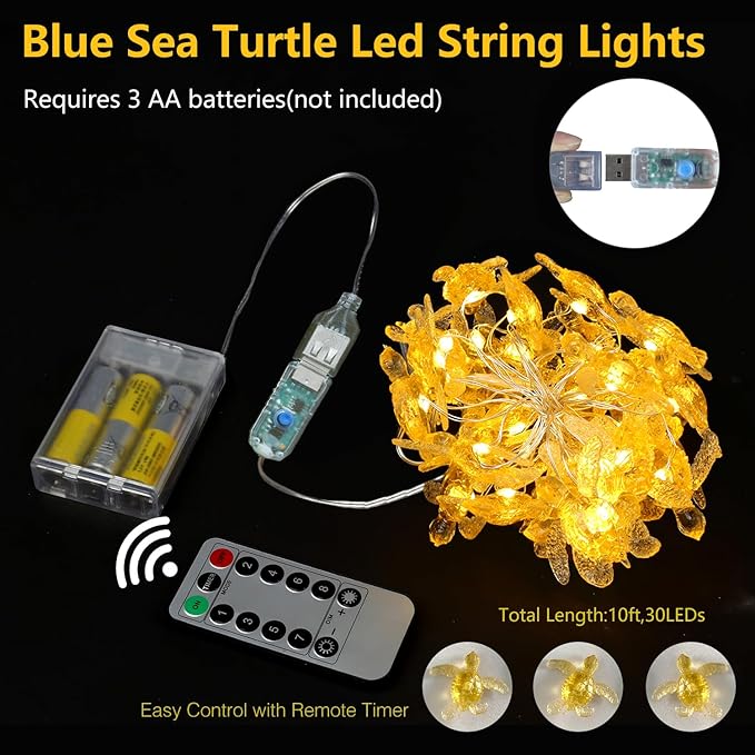 JASHIKA Sea Turtle Fairy Lights Ocean Theme String Lights Indoor-Cute Beach Light USB Plug in & Battery Operated 10ft 30 LEDs with Remote Control- Decorative Lights for Christmas Tree Bedroom Camping