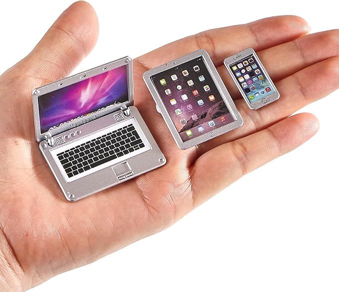 1:12 Scale Dollhouse Laptop Accessories, Miniature Laptop Tablet Smart Phone Stuff Doll House Mini Play Set Accessories (Silver)