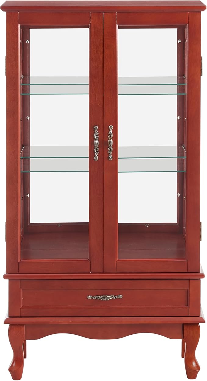 49" H Lighted Curio Display Cabinet with 2 Glass Doors & 1 Drawer, Wooden Curio Showcase w/Adjustable Shelves & Mirrored Back Panel, Wine Storage Cabinet Display Case for Living Room (Cherry)