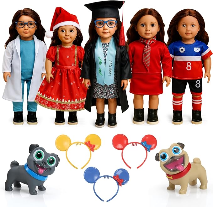 20 Pcs Doll Clothes & Accessories for 18 Inch Dolls – Educational Role Play Gift Set for Girls with 5 Themed Outfits (Graduate, Doctor, Santa, Soccer Player, Flight Attendant), 2 Puppies & 3 Headbands