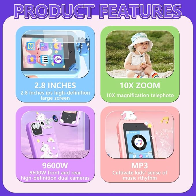 BEBESIRI Kids Camera Mini Smartphone Toy for Girls, 2.8" Touch Screen, 22 Learning Games, Dual Camera, Music Player, 32GB Card, Christmas Birthday Gift, (Purple Unicorn)