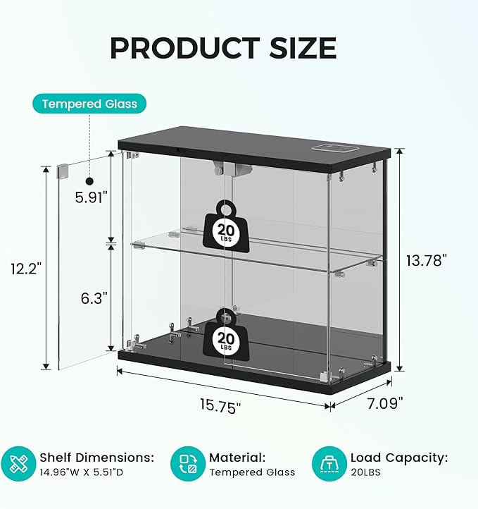 2pcs LED Clear Glass Display Case - for Figures & Collectibles, Small 2-Tier Display Cabinet with Charging Station, Display Box with Lights & Human Sensor, for Model Car, Perfume, Black