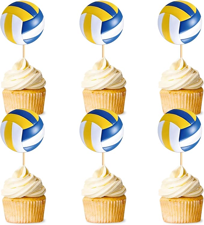Ercadio 24 Pack Double Sided Volleyball Cupcake Toppers Sport Balls Cupcake Picks Volleyball Birthday Cake Decorations for Volleyball Theme Party Baby Shower Sport Game Party Decorations