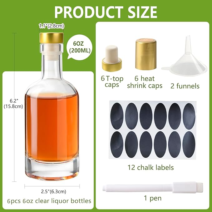 BPFY 6 Pack 6oz (200ml) Clear Glass Liquor Bottles for Wine, Kombucha,Beverages, Oil, Vinegar, Empty Vodka Bottles, Glass Bottle with T-Top Caps, Heat Shrink Capsules