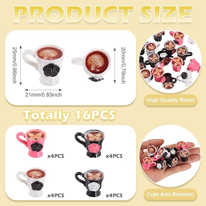 16Pcs Resin Mini Coffee Cups Miniature Things Kitchen Set Drink Food Rose Coffee Mug Butterfly Latte Art Tableware Dollhouse Ornaments for Desktop Decorations Crafts 25x21x20mm
