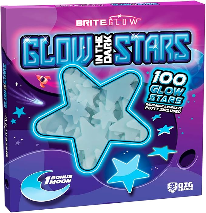 100 PK Blue Glow in The Dark Stars for Ceiling Christmas Stocking Stuffers for Kids - Brite Plastic Glow Stars with Moon & Putty Age 4,5,6,7,8,9,10,11,12 for Bedroom Space Night Light Christmas Gifts