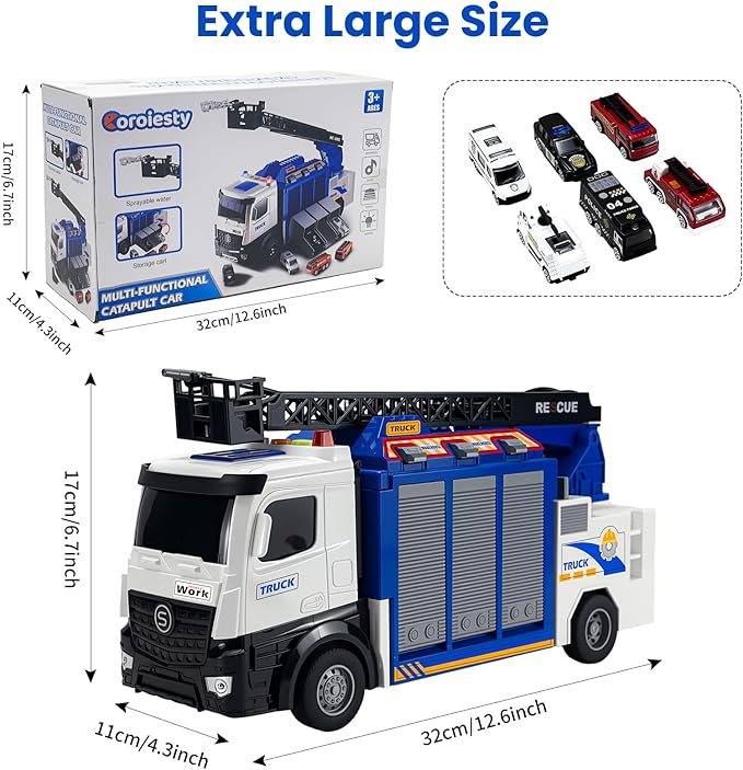 3-in-1 Large Fire Truck Toy with Garage & 6 Cars, Water Pump, Extendable Ladder, Lights & Siren Sounds, Fire Rescue Truck Vehicle Toy for Boys Girls 3+, Christmas Birthday Gift
