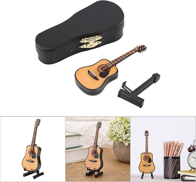Wooden Miniature Guitar with Stand and Case ,Mini Guitar Collectible Figurines Dollhouse Miniatures, Lovely Musical Instrument Display Model (3.9"x1.5"x0.5")