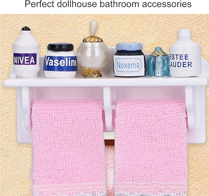 Dollhouse Wooden Towel Rack Bottles, 1:12 Simulation Miniature Furniture Model Toy for Dollhouse Bathroom Decoration Accessories