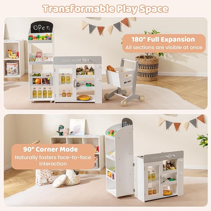 Costzon Kids Grocery Store Playset, Convertible Wooden Play Store w/Shopping Cart, Scanner, Chalkboard & Checkout Belt, Toddler Pretend Supermarket Checkout Stand for Boys & Girls
