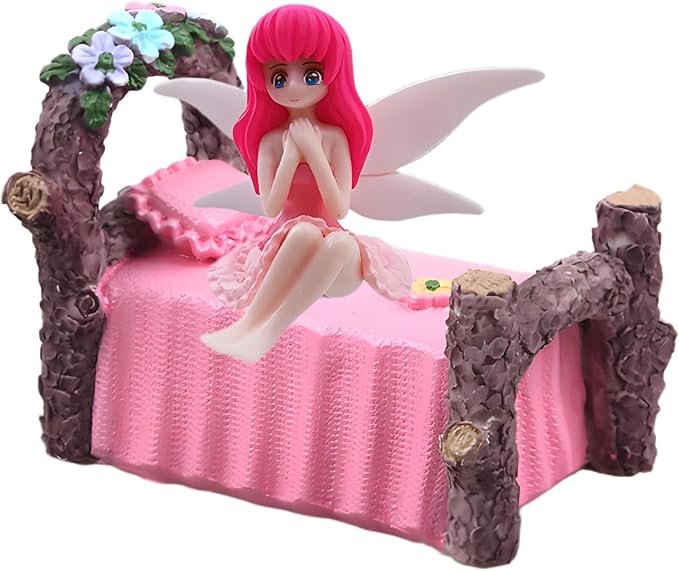 2Pcs Miniature Fairy Garden Bed with Flower Fairy Figurine – Resin Craft Ornament for DIY Fairy Garden, Terrarium, Tabletop Décor, Garden Display,Creative Home Decoration & Collectible Resin Accessory