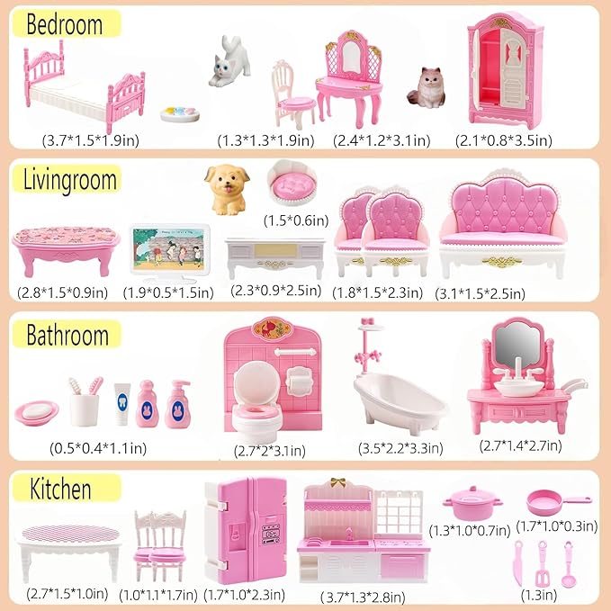 Dollhouse Furniture Set, Complete Room Collection with Kitchen, Dining, Living Room, Bedroom and Bathroom Accessories, Plastic (36-Piece Pink)