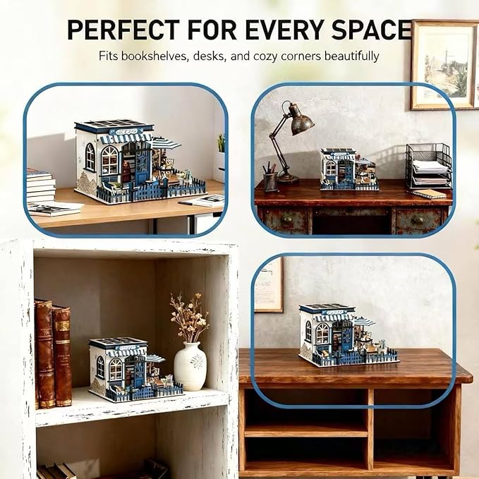 DIY Miniature House Kit - 3D Wooden Puzzle Dollhouse Kit with LED Lights, Coffee Shop Book Nook Bookshelf Insert Decor, Mini House Building Kit for Adults & Teens, Creative Craft Gift