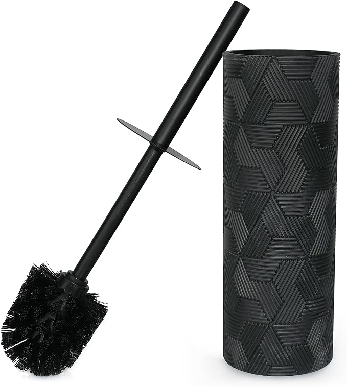 Indecor Home Matte Black Geo Design Resin Toilet Bowl Holder and Brush Set, Stylish Geometric Design with Durable Bristles, Compact and Modern