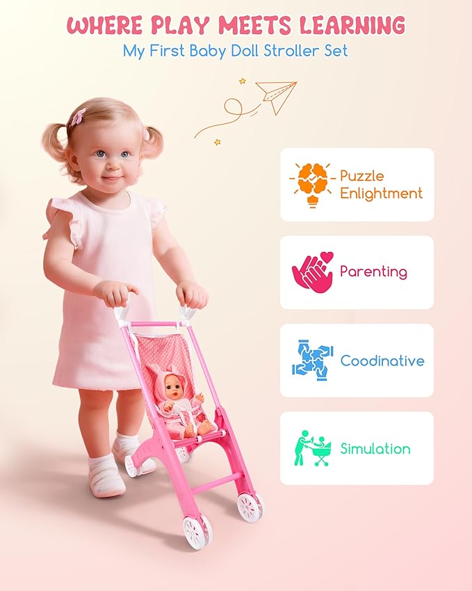 PLAYFULBAY Baby Doll Stroller Set, 28-Piece Playset with High Chair, 2 Doll Outfits & Accessories, Imaginative Role-Play Gift for Toddlers 1-5