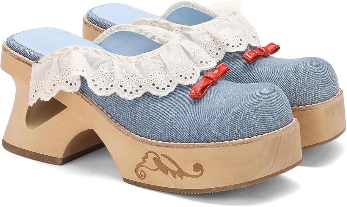 kuoco Handmade Swedish Wood Mules for Women Platform Low Heel Wooden Clogs Mules Open Back Faux Leather Clogs
