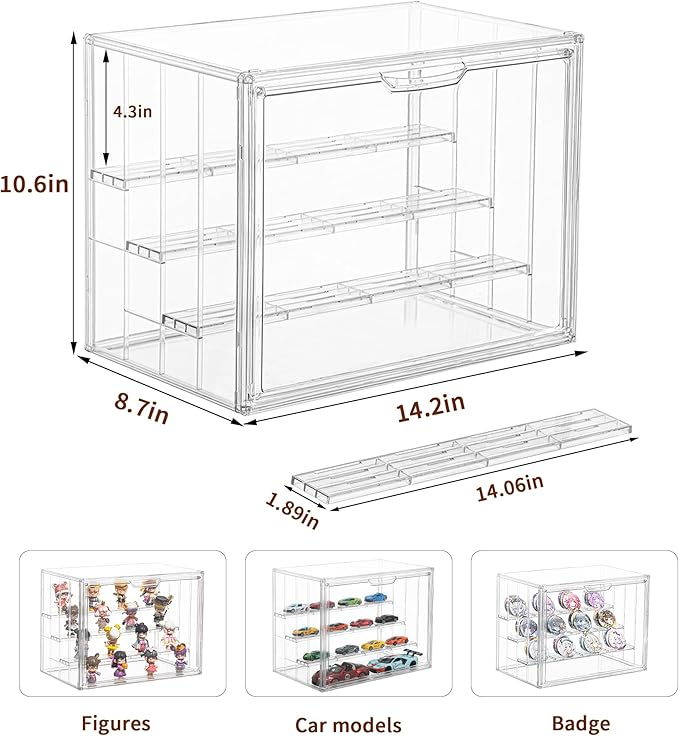 Display Case for Collectibles 4 Layer Updated Adjustable Acrylic Display Case with Magnetic Door Clear Stackable Display Box Hobby Display Cases for Figures, 2 Pack