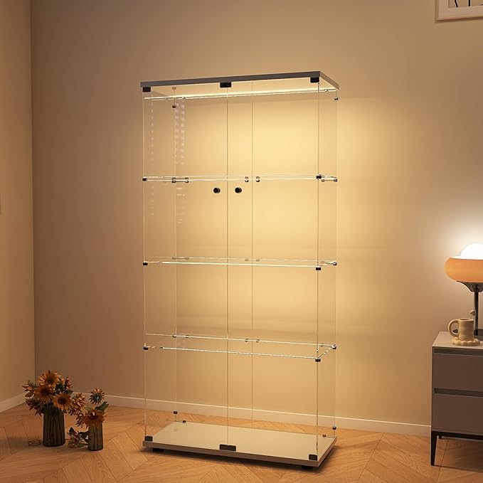 Modern 4-Tier Glass Display Shelf with 2 Doors, Curio Cabinet Collection - Floor Standing Display Case for Living Room, Bedroom, Home Office - 30" W x 14.5" D x 64" H (White with LED Light Strip)