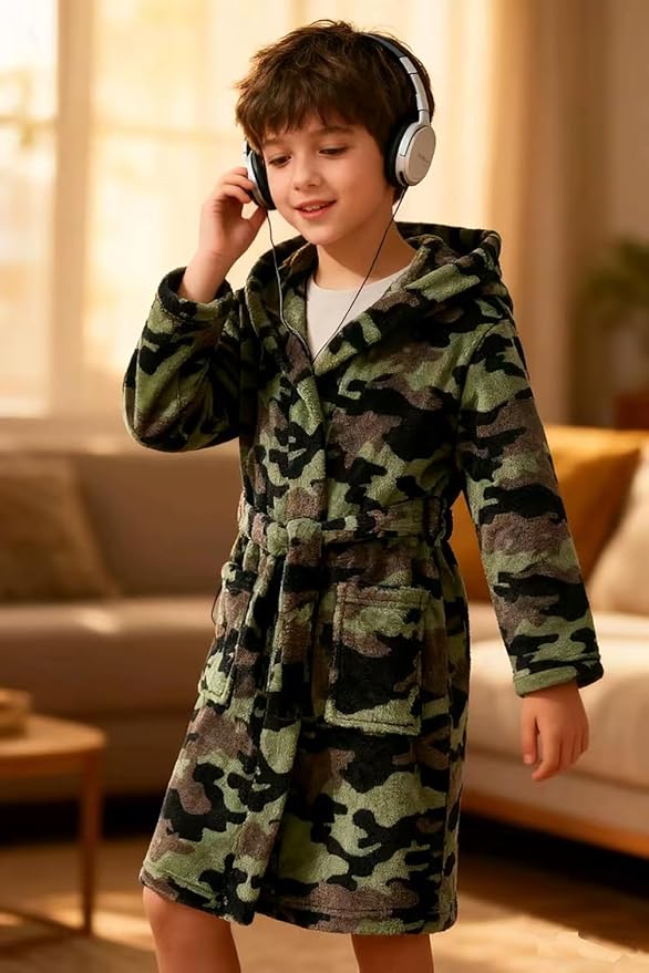 Boys Fleece Robe Hooded Toddler Soft Bathrobe Pajamas Sleepwear for Kids Girls 2-16 Years