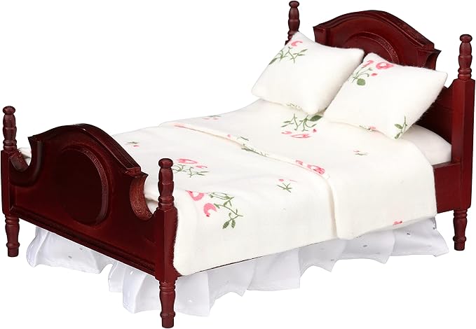 Dollhouse Bedding, 3 Piece Set with Comforter & Pillows, Blanket, Realistic Bedroom Accessories for 6 inch Dolls, 1/12 Scale, White and Colorful Flowers