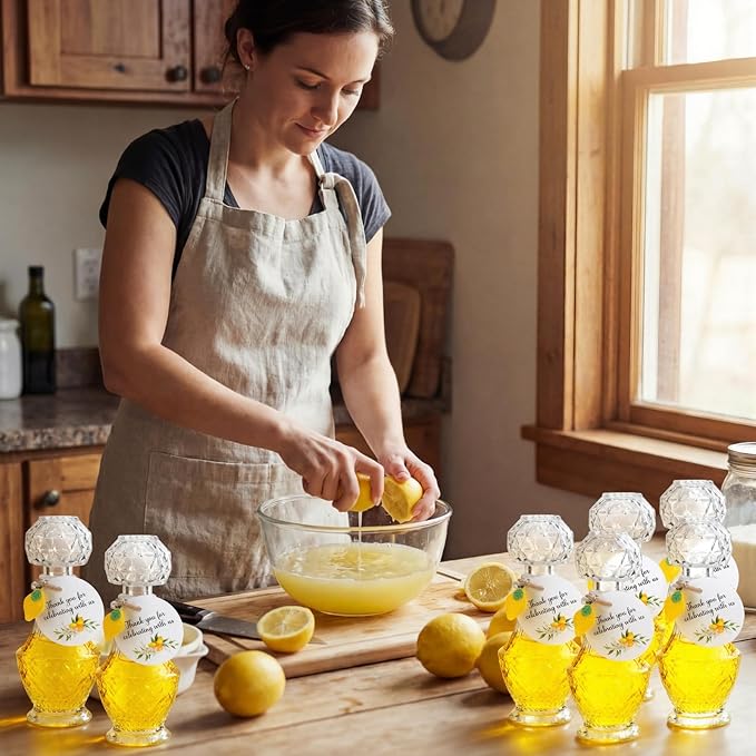 Chuangdi 16 Sets Mini Limoncello Glass Bottles Limoncello Bottles with Labels 1.7 oz Lemon Pendants Lemon Party Favors for Homemade Brewing Wedding Baby Shower Gifts(Elegant)