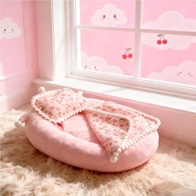 Girl's Doll Bedding & Pajama Set, 7-Piece Plush Doll Bed with Cherry Print Comforter Pillow and Bow Pajamas with Eye Mask Accessories for 17cm Dolls