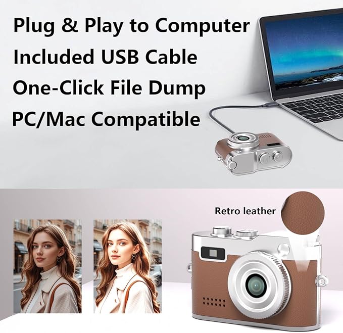 Mini Keychain Camera, 1080P Video Recorder, 0.96'' Display 12MP Retro Compact Tiny with 16GB SD Card, USB Adapt, 200mAh Battery, Lenane Digital Camera for Kids, Students, Travel, Daily (Brown)