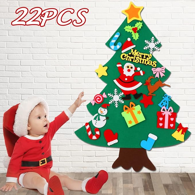 CASA CLAUSI Felt Christmas Tree for Kids DIY Christmas Decorations 2.6ft Xmas Gifts Ideas Kids Party Supplies Home Door Hanging Decor 22 Pcs