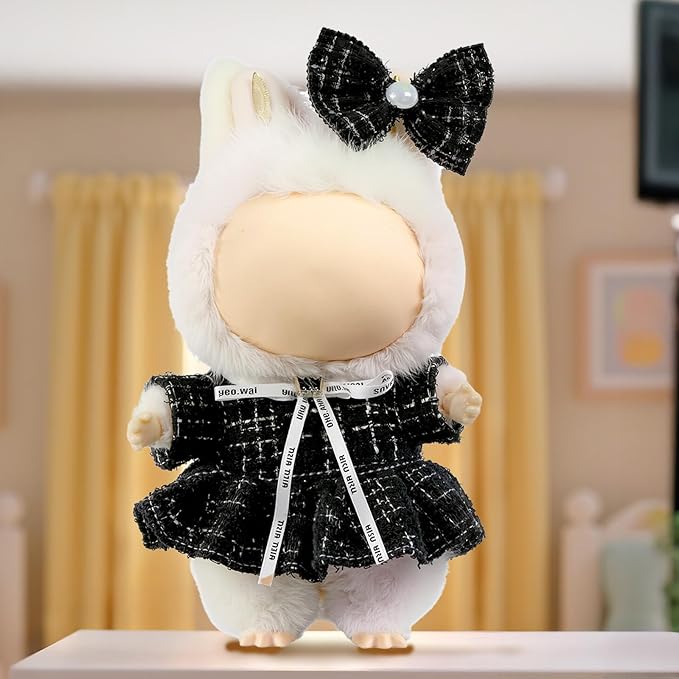 Clothes for LABUBU Doll (NO Doll), Luxury Chic Style 2-Piece Accessories for LABUBU 17cm Dolls, Premium Fashion Outfits for LABUBU - Bow Headdress + Plaid Tweed Dress (Black)
