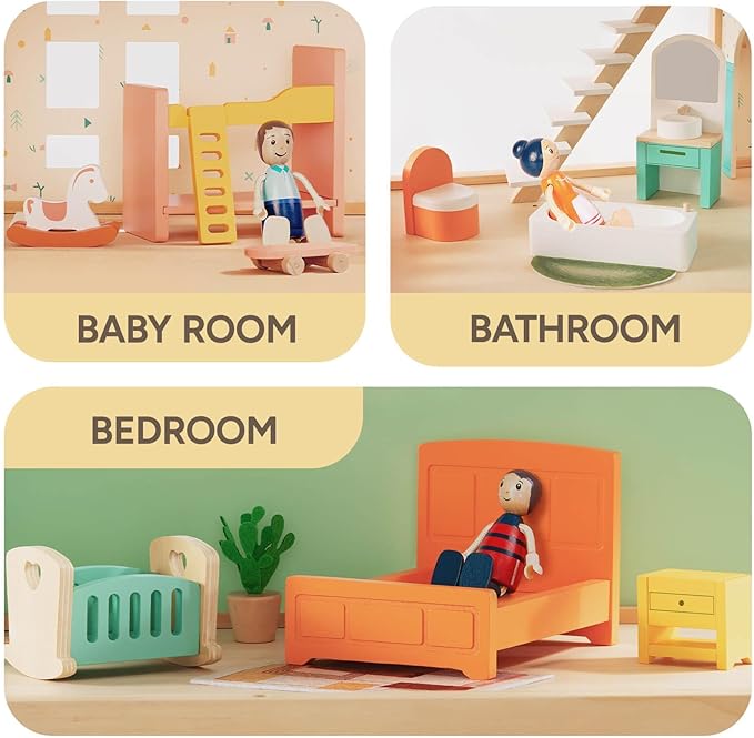 Giant bean 26 Pcs Large Wooden Dollhouse Furniture 5 Set for Kitchen, Living Room, Bedroom, Bathroom, Babyroom, Candy Dollhouse Accessories & Furniture Toy for Girls Boys Kids 3+