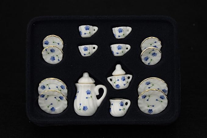 Dollhouse Decoration Accessories, 1:12 Dollhouse Miniature Scene Model 15 PCS Porcelain Teacup and Saucer Set (L, 15 Pcs)