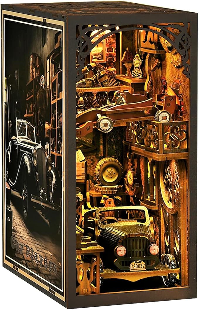 Book Nook Kit, 3D DIY Wooden Puzzle Dollhouse Kit for Adults & Teens, Book Nook Bookshelf Insert Decoration Bookend Miniature Kit with Sensor Light Creative Craft Home Decor, Vintage Car