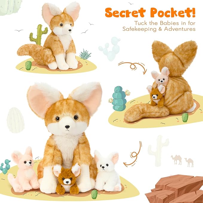 4Pcs Fennec Fox Plush Toy, Cute Soft Mother Fox Stuffed Animal with 3 Fennce Fox Babies, 17.4" Giant Zoo Animal Plushies for Kids, Huggable Stuffed Wild Animal Gift for Christmas Birthday