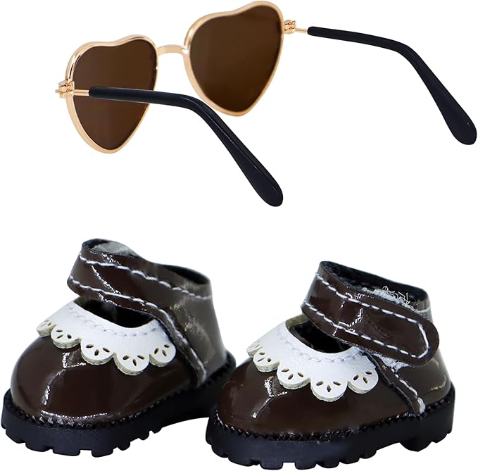 Suitable for 17cm Doll Clothing Accessory Set, Buckle Leather Shoes and Two-Piece Glasses Set (Brown2)