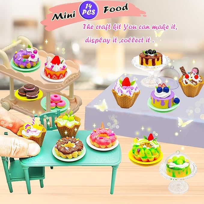 14 Pieces Miniature Desserts,Making Mini Food Set Toys,Kitchen Pretend Food DIY Mini Craft Kits for Kids Age 8-13 Girls Gift for Christmas, Birthday,Play Food, NOT Edible