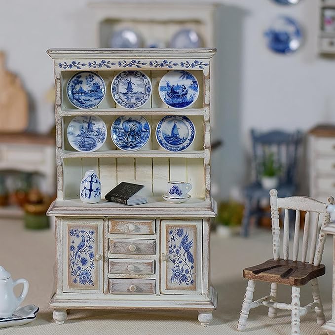 6PCS Handcrafted Miniature Ceramic Plates in 1:12 or 1:6 Scale, Vintage Porcelain Playhouse Dishes (Blue-White C, 2.3CM)