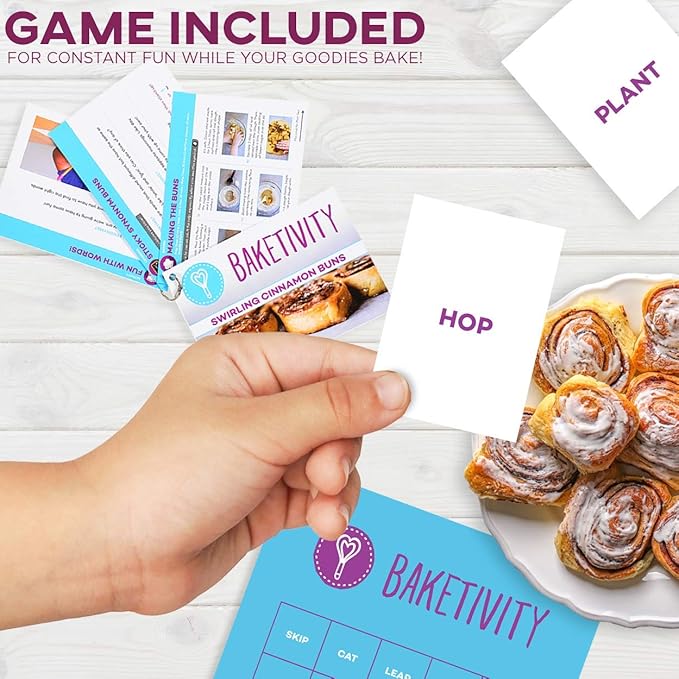 Baketivity Kids Baking DIY Activity Kit - Bake Delicious Cinnamon Buns with Pre-Measured Ingredients – Best Gift Idea for Boys and Girls Ages 6-12 – Includes Free Hat and Apron