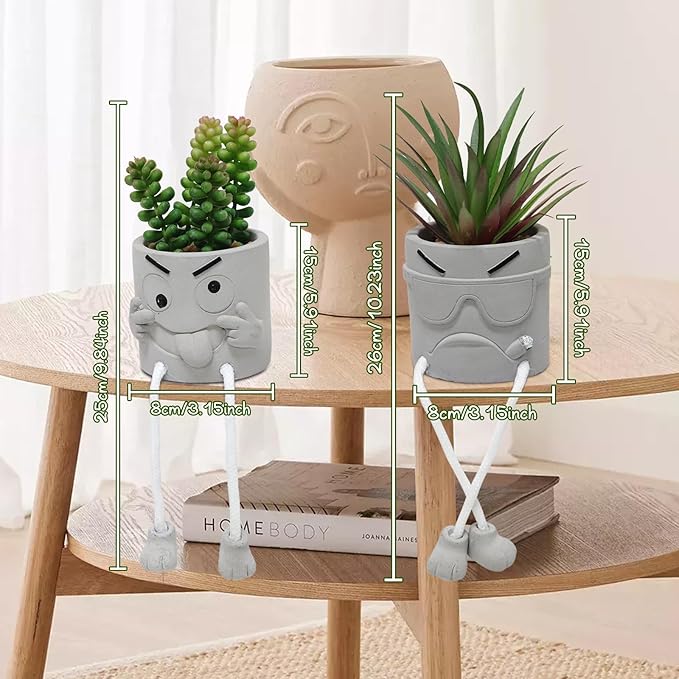 SEMSOIIO 2PCS Artificial Mini Succulent Plants, Cute Fake Plant Faux Succulents in Grey Pots, Artificial Plants with Hanging Leg Potted for Home Office Desk Shelf Bathroom Decor