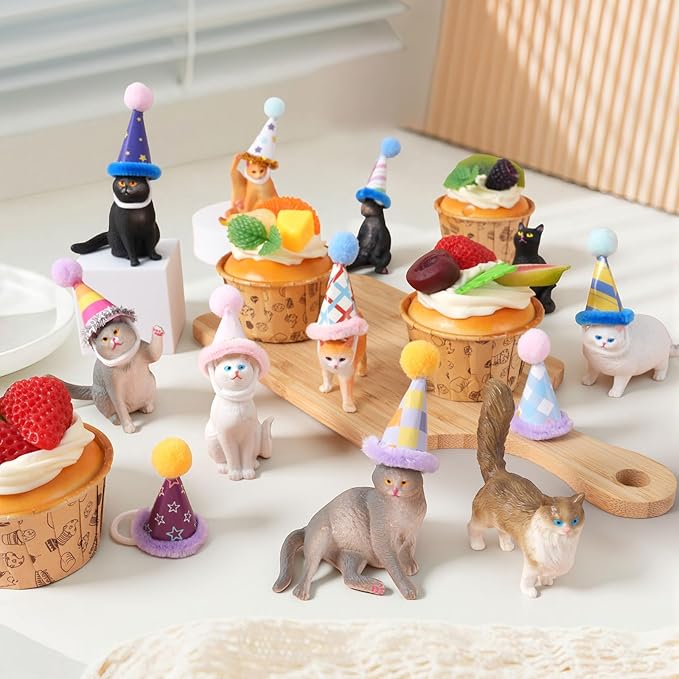 20 Pcs Miniature Cat Figurines with Birthday Hats Kit, Resin Tiny Cat Figurines Cake Toppers for Birthday Cat Cake Party Decorations
