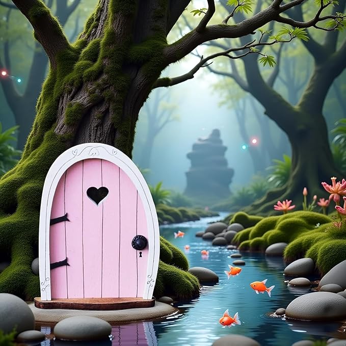 2Pcs Pink Streak Mini Fairy Garden Door for Tree, 3D Miniature Fairy Door for Fairytale Tiny House Doors, Bonsai Terrarium Micro Landscape Decoration Accessories Garden Miniatures, Decorations