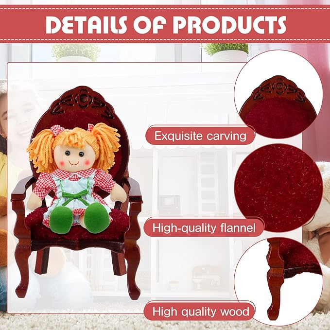 Civaner 2 Pcs Christmas Miniature Dollhouse Chair 1:12 Miniature Vintage Red Victorian Furniture Dollhouse Accessories Wooden Carved Single Chairs Vintage Armchair for Sofa Decoration Ornament