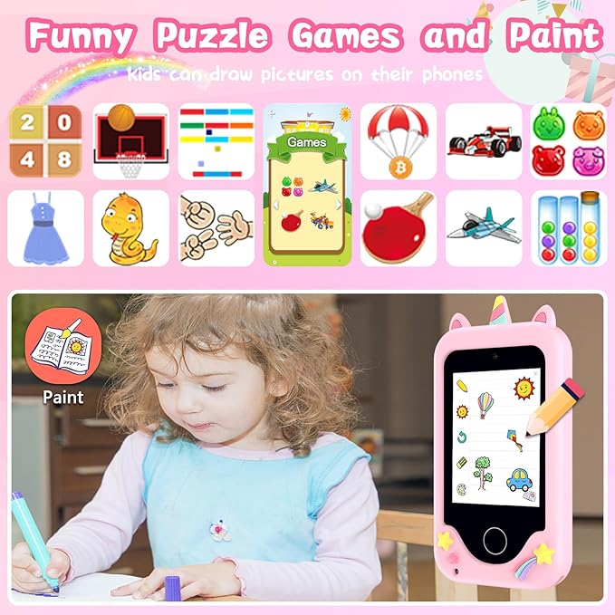 Kids Smart Phone for Girls, Christmas Birthday Gifts for Girls Boys Age 3-10,Kids Gift Toys Cell Phone, Toddler Learning Play Toy Phone with Dual Camera, Game, Music Player