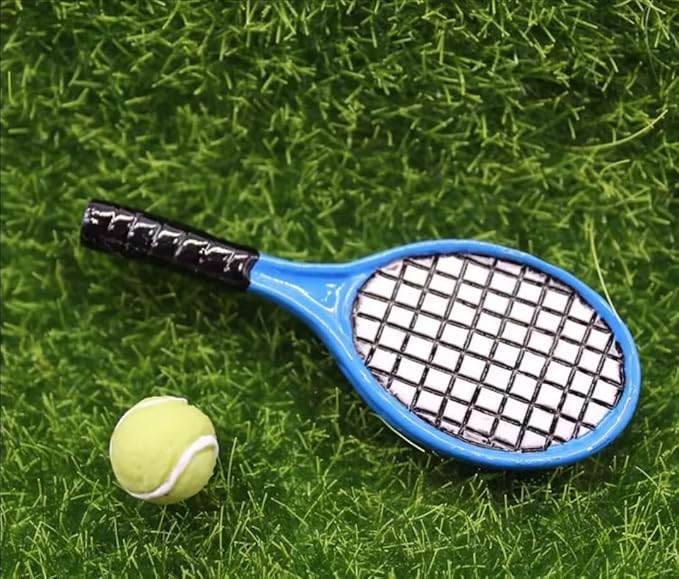 Mini Tennis Keychain,1 Sets Tennis Racket and Balls Miniature Cake Topper Keychain Kit Dollhouse Toy for Sports Equipment Dollhouse Accessories
