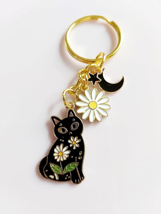 Agromusk Cute Cat Keychain, Enamel Flower Keyring Japanese Decor for Garden Cat Lovers, Kawaii Bag Charm With Sakura Flowers