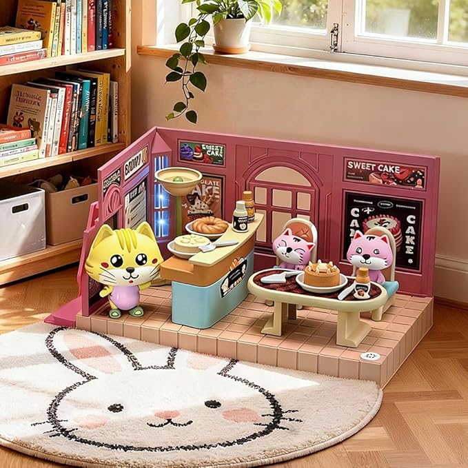Koko's Cat Town DIY Miniature House Kit,Tiny House Cake Shop Building Kit,Dollhouse for 3 and up, Dollhouse Building Kit with Cats,Cat Toys Gift for Teens Kids Ages 3+