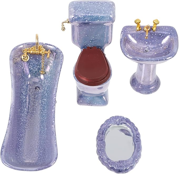 NUOBESTY Miniature Dollhouse Furniture Set Bathroom Accessories Ceramic Bathtub Toilet Sink Mirror for Kids Playhouse Decoration 4.64X2.75X2.04 Inch